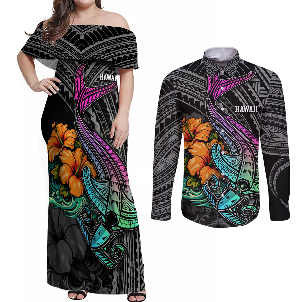 Hawaii Polynesian Couples Matching Off Shoulder Maxi Dress and Long Sleeve Button Shirt with Tribal Hammerhead Sharks and Hibiscus Black - Wonder Print Shop