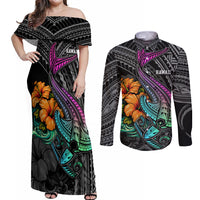 Hawaii Polynesian Couples Matching Off Shoulder Maxi Dress and Long Sleeve Button Shirt with Tribal Hammerhead Sharks and Hibiscus Black - Wonder Print Shop