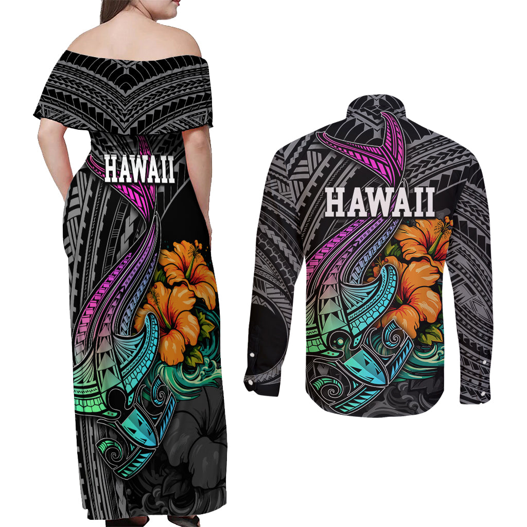 Hawaii Polynesian Couples Matching Off Shoulder Maxi Dress and Long Sleeve Button Shirt with Tribal Hammerhead Sharks and Hibiscus Black - Wonder Print Shop