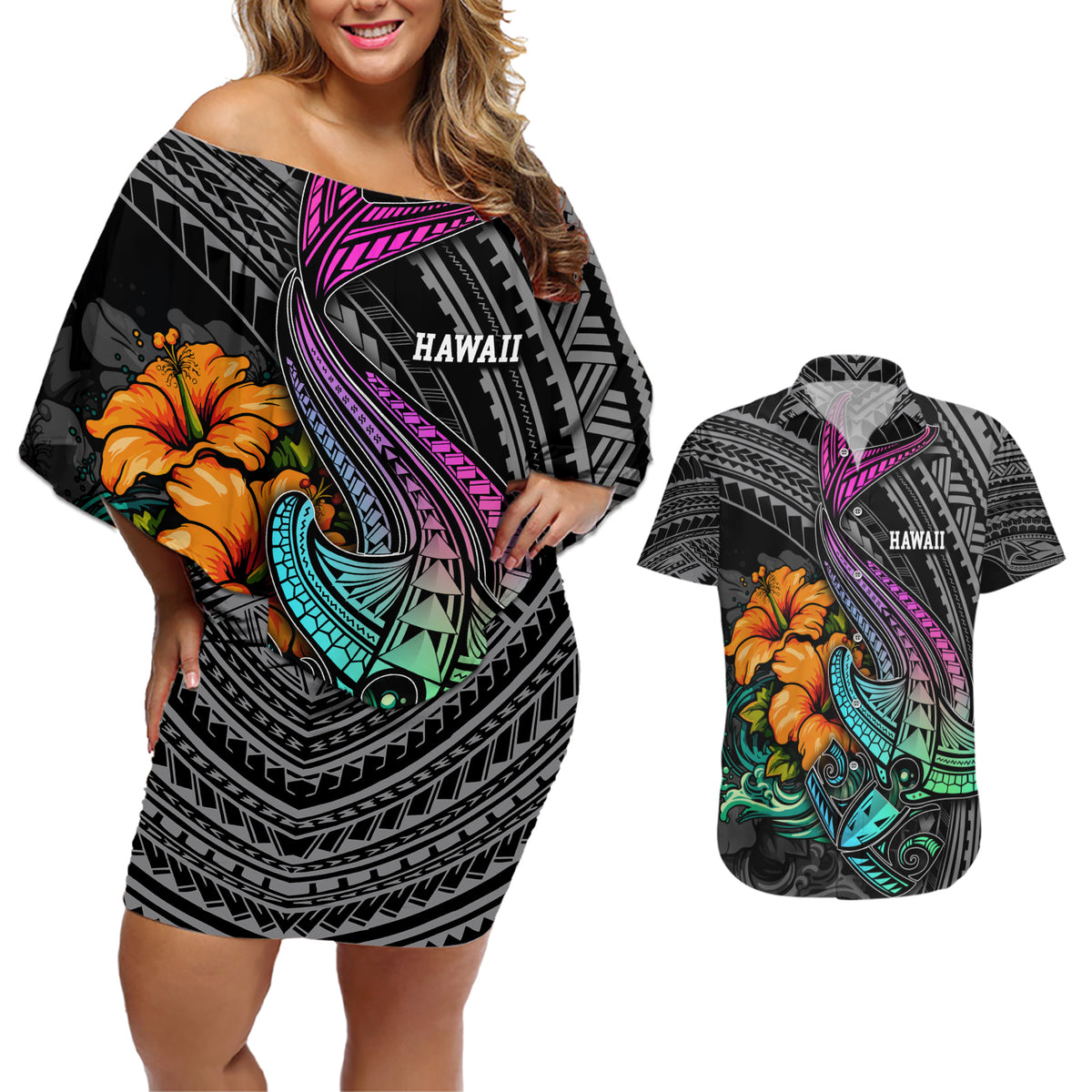 Hawaii Polynesian Couples Matching Off Shoulder Short Dress and Hawaiian Shirt with Tribal Hammerhead Sharks and Hibiscus Black - Wonder Print Shop