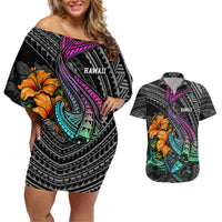 Hawaii Polynesian Couples Matching Off Shoulder Short Dress and Hawaiian Shirt with Tribal Hammerhead Sharks and Hibiscus Black - Wonder Print Shop