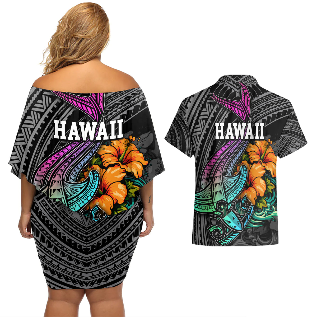 Hawaii Polynesian Couples Matching Off Shoulder Short Dress and Hawaiian Shirt with Tribal Hammerhead Sharks and Hibiscus Black - Wonder Print Shop