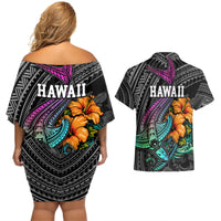 Hawaii Polynesian Couples Matching Off Shoulder Short Dress and Hawaiian Shirt with Tribal Hammerhead Sharks and Hibiscus Black - Wonder Print Shop