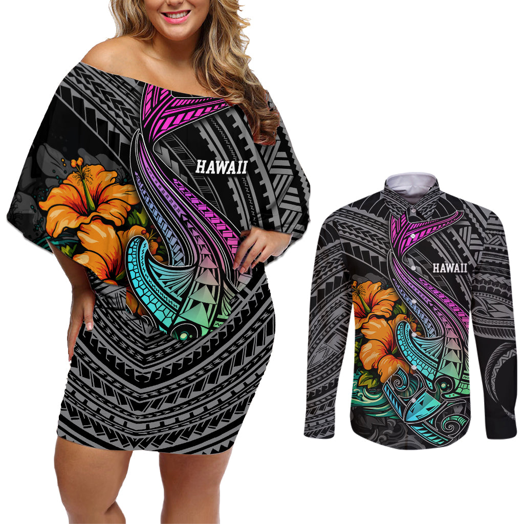 Hawaii Polynesian Couples Matching Off Shoulder Short Dress and Long Sleeve Button Shirt with Tribal Hammerhead Sharks and Hibiscus Black - Wonder Print Shop