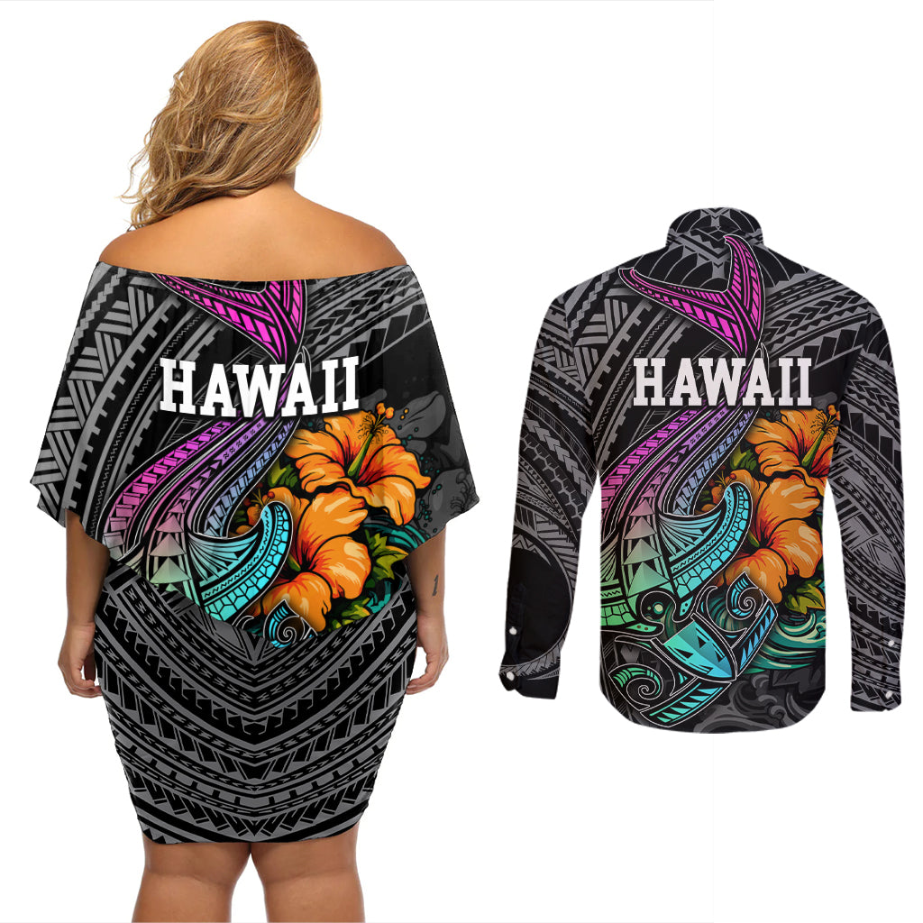 Hawaii Polynesian Couples Matching Off Shoulder Short Dress and Long Sleeve Button Shirt with Tribal Hammerhead Sharks and Hibiscus Black - Wonder Print Shop
