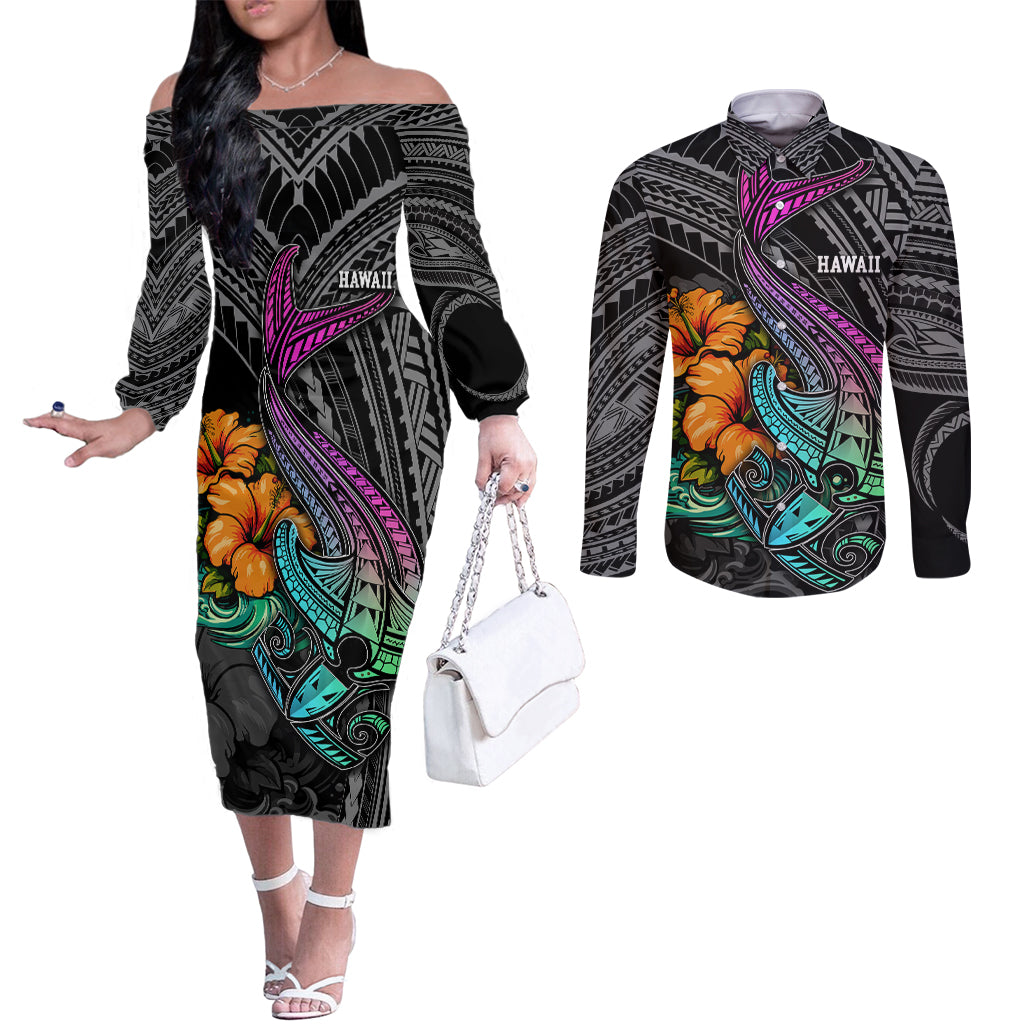 hawaii-polynesian-couples-matching-off-the-shoulder-long-sleeve-dress-and-long-sleeve-button-shirt-with-tribal-hammerhead-sharks-and-hibiscus-black