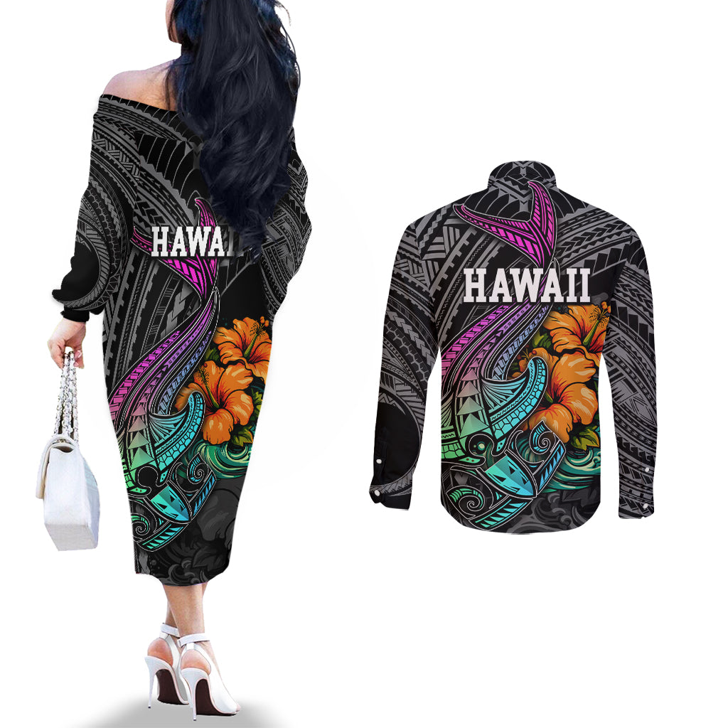 hawaii-polynesian-couples-matching-off-the-shoulder-long-sleeve-dress-and-long-sleeve-button-shirt-with-tribal-hammerhead-sharks-and-hibiscus-black