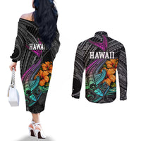 hawaii-polynesian-couples-matching-off-the-shoulder-long-sleeve-dress-and-long-sleeve-button-shirt-with-tribal-hammerhead-sharks-and-hibiscus-black