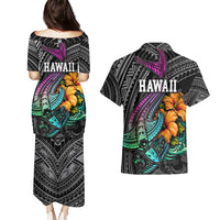 Hawaii Polynesian Couples Matching Puletasi Dress and Hawaiian Shirt with Tribal Hammerhead Sharks and Hibiscus Black - Wonder Print Shop