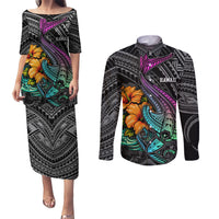 Hawaii Polynesian Couples Matching Puletasi Dress and Long Sleeve Button Shirt with Tribal Hammerhead Sharks and Hibiscus Black - Wonder Print Shop
