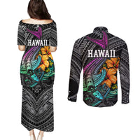 Hawaii Polynesian Couples Matching Puletasi Dress and Long Sleeve Button Shirt with Tribal Hammerhead Sharks and Hibiscus Black - Wonder Print Shop