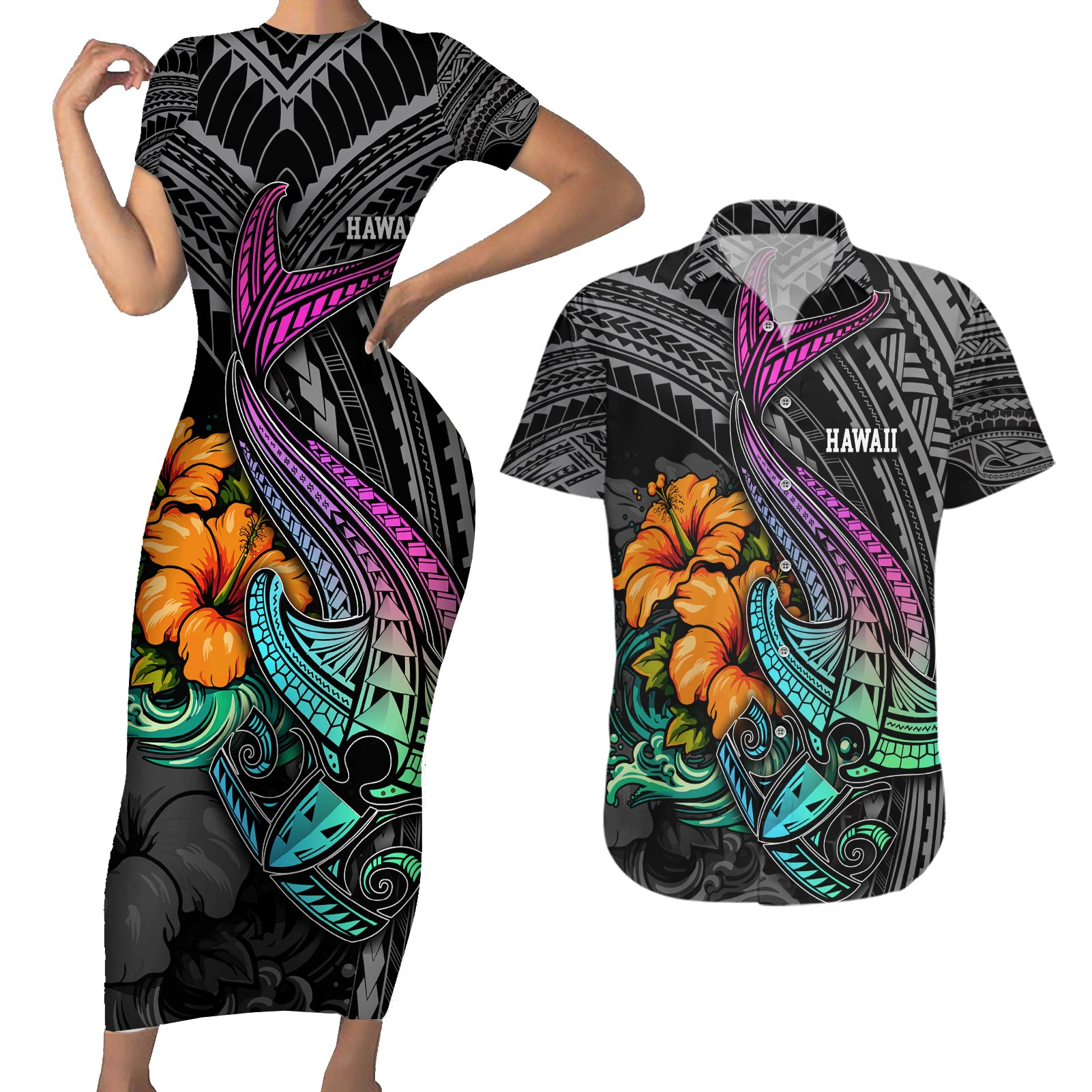 Hawaii Polynesian Couples Matching Short Sleeve Bodycon Dress and Hawaiian Shirt with Tribal Hammerhead Sharks and Hibiscus Black - Wonder Print Shop