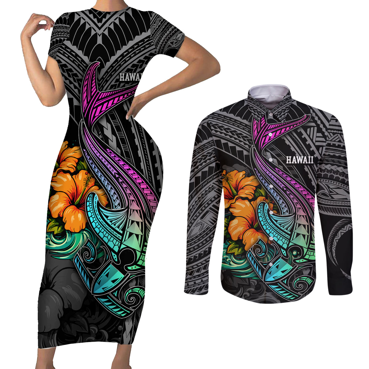 Hawaii Polynesian Couples Matching Short Sleeve Bodycon Dress and Long Sleeve Button Shirt with Tribal Hammerhead Sharks and Hibiscus Black - Wonder Print Shop