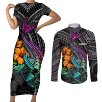 Hawaii Polynesian Couples Matching Short Sleeve Bodycon Dress and Long Sleeve Button Shirt with Tribal Hammerhead Sharks and Hibiscus Black - Wonder Print Shop
