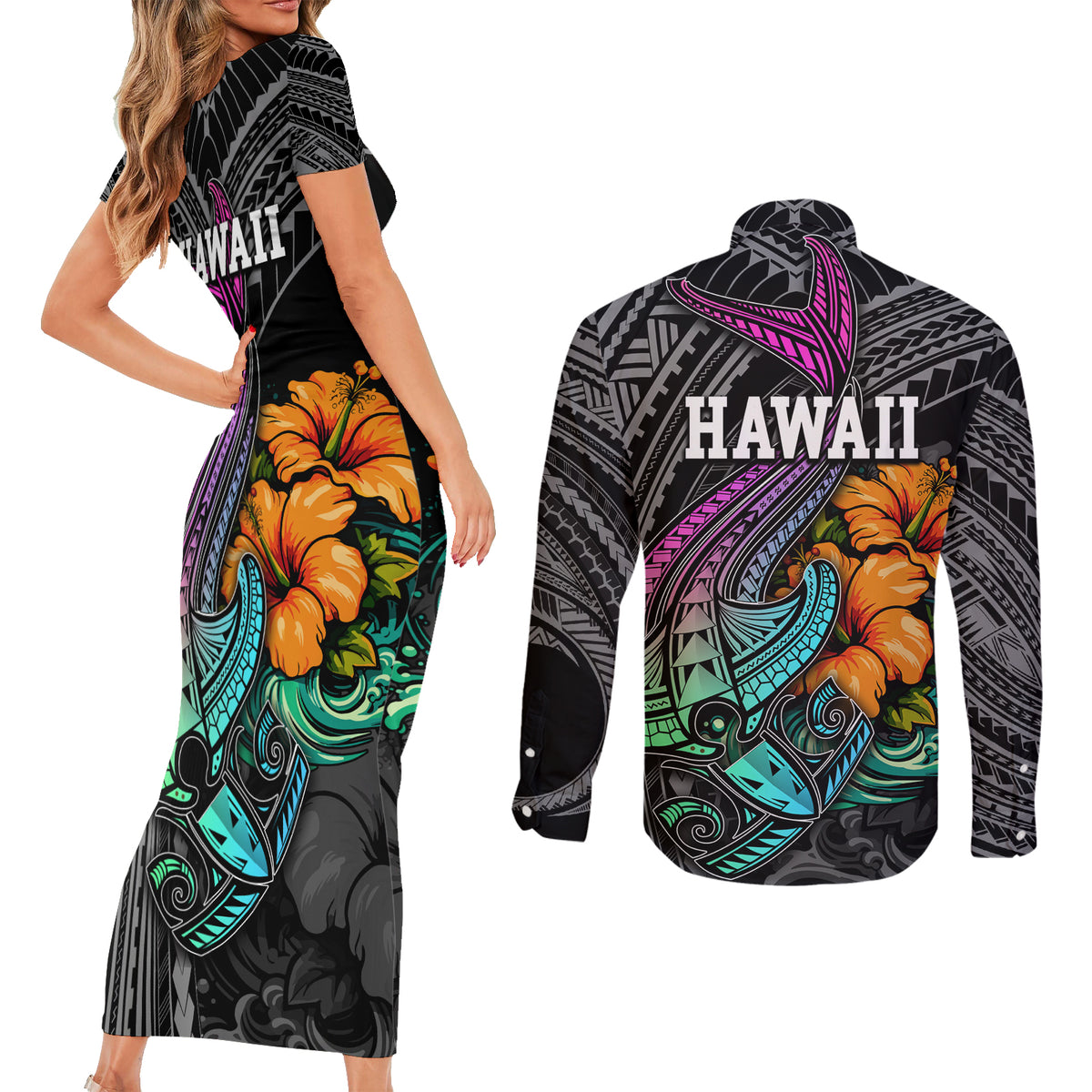 Hawaii Polynesian Couples Matching Short Sleeve Bodycon Dress and Long Sleeve Button Shirt with Tribal Hammerhead Sharks and Hibiscus Black - Wonder Print Shop
