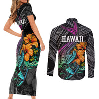 Hawaii Polynesian Couples Matching Short Sleeve Bodycon Dress and Long Sleeve Button Shirt with Tribal Hammerhead Sharks and Hibiscus Black - Wonder Print Shop