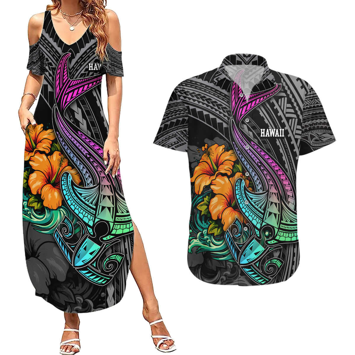 Hawaii Polynesian Couples Matching Summer Maxi Dress and Hawaiian Shirt with Tribal Hammerhead Sharks and Hibiscus Black - Wonder Print Shop
