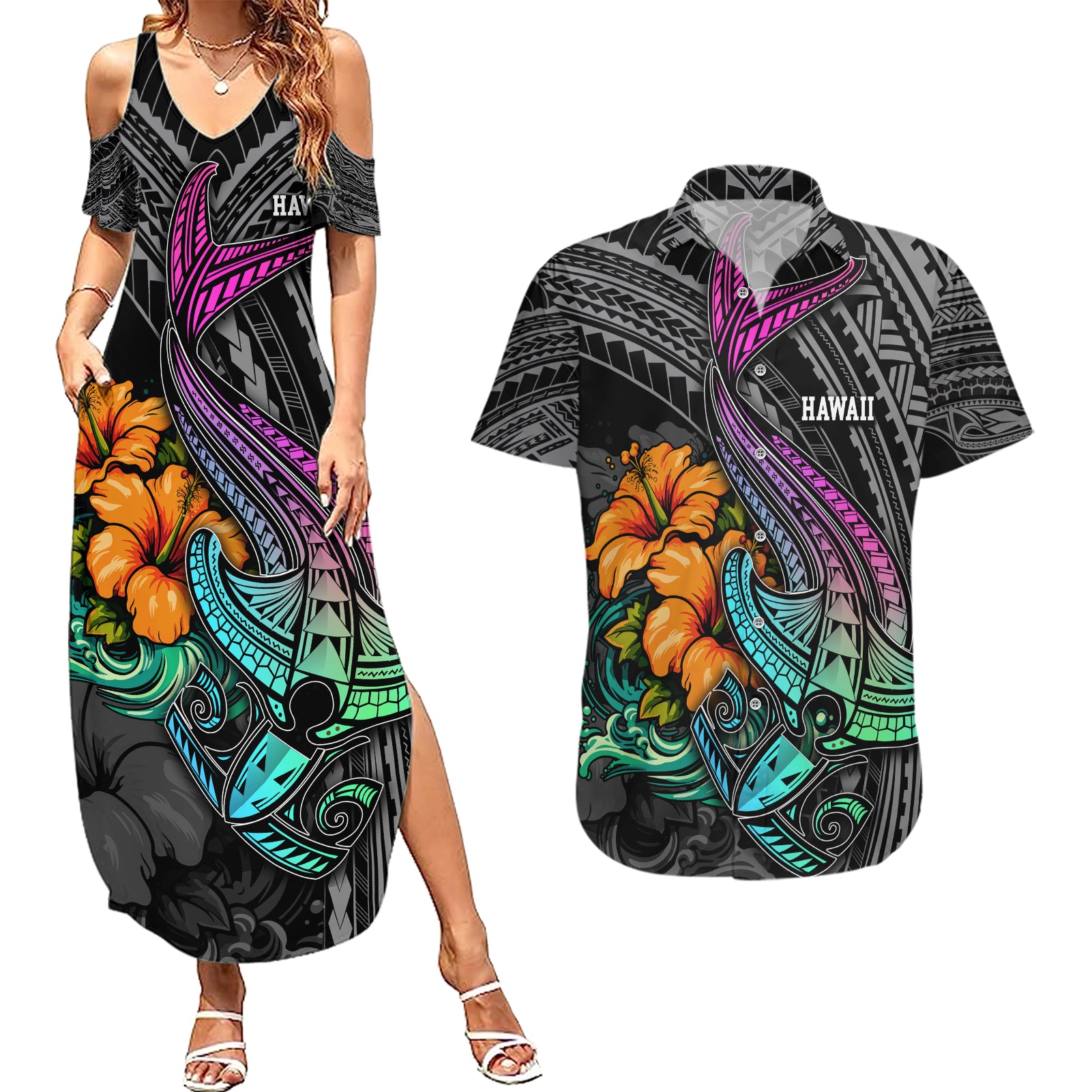 Hawaii Polynesian Couples Matching Summer Maxi Dress and Hawaiian Shirt with Tribal Hammerhead Sharks and Hibiscus Black - Wonder Print Shop