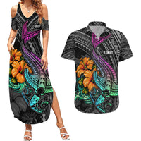 Hawaii Polynesian Couples Matching Summer Maxi Dress and Hawaiian Shirt with Tribal Hammerhead Sharks and Hibiscus Black - Wonder Print Shop