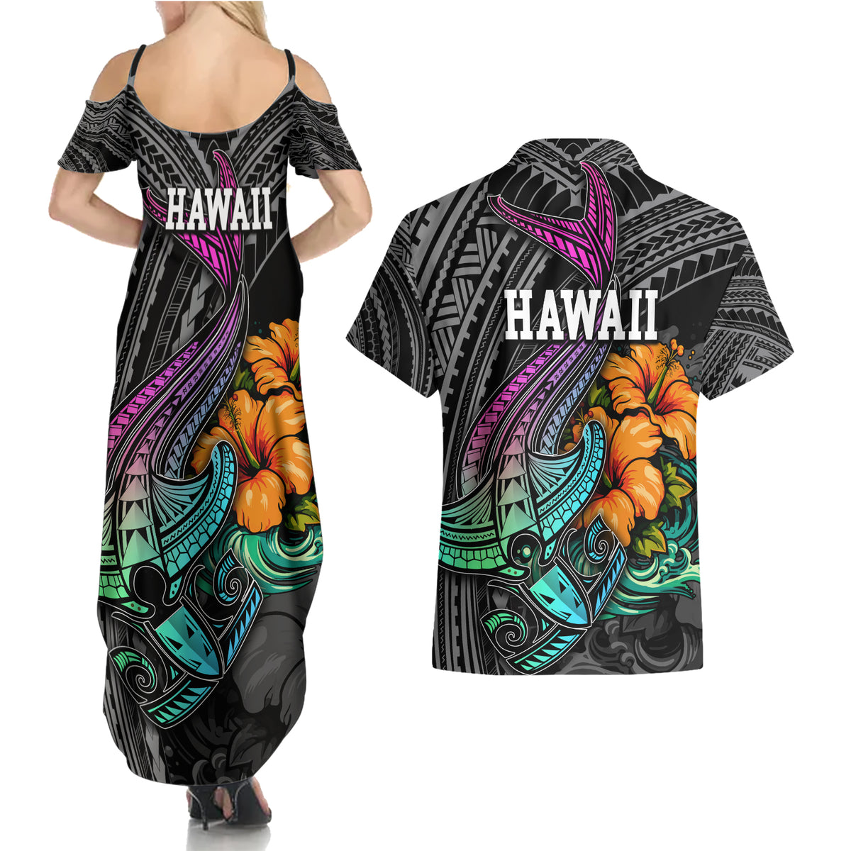 Hawaii Polynesian Couples Matching Summer Maxi Dress and Hawaiian Shirt with Tribal Hammerhead Sharks and Hibiscus Black - Wonder Print Shop