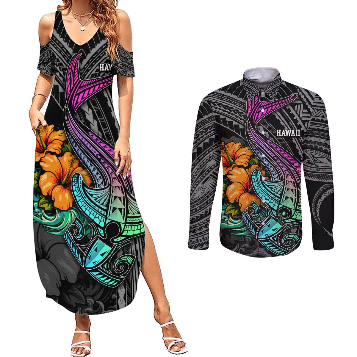 Hawaii Polynesian Couples Matching Summer Maxi Dress and Long Sleeve Button Shirt with Tribal Hammerhead Sharks and Hibiscus Black - Wonder Print Shop