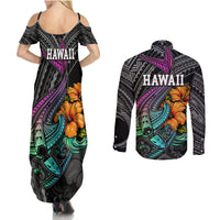 Hawaii Polynesian Couples Matching Summer Maxi Dress and Long Sleeve Button Shirt with Tribal Hammerhead Sharks and Hibiscus Black - Wonder Print Shop