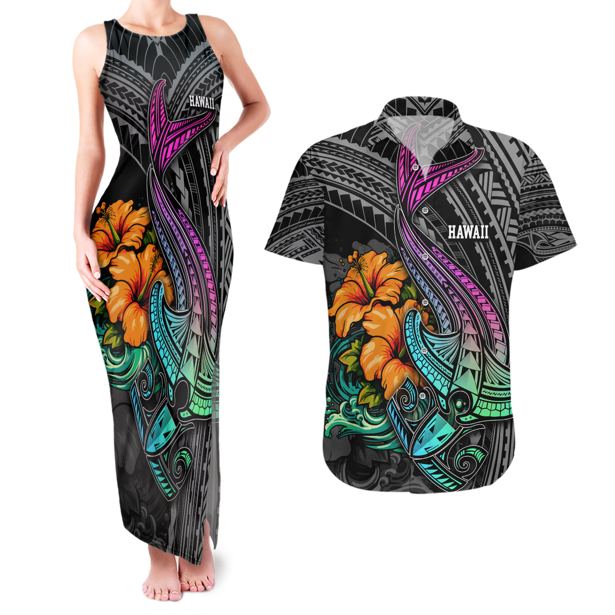 Hawaii Polynesian Couples Matching Tank Maxi Dress and Hawaiian Shirt with Tribal Hammerhead Sharks and Hibiscus Black - Wonder Print Shop