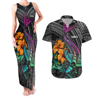 Hawaii Polynesian Couples Matching Tank Maxi Dress and Hawaiian Shirt with Tribal Hammerhead Sharks and Hibiscus Black - Wonder Print Shop