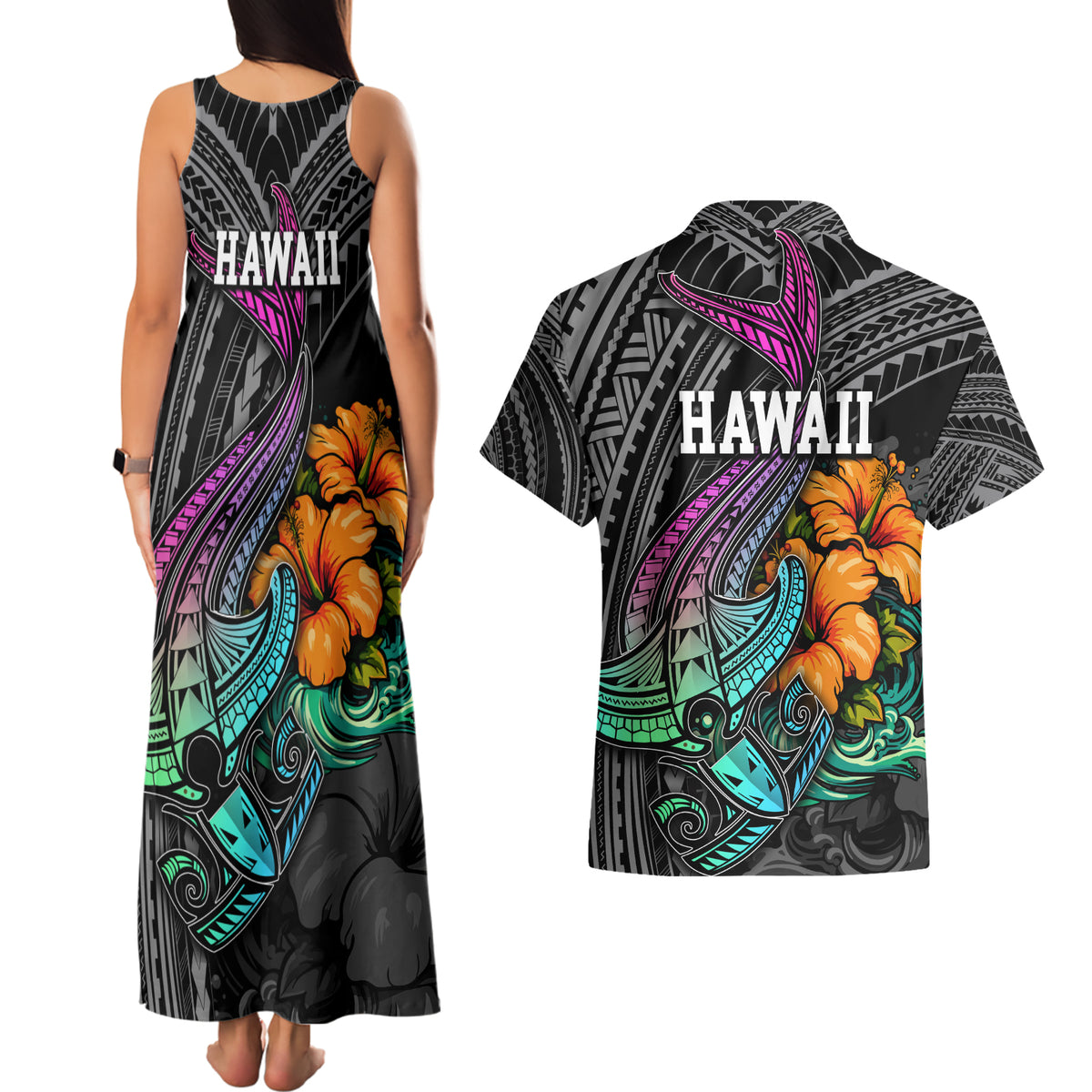 Hawaii Polynesian Couples Matching Tank Maxi Dress and Hawaiian Shirt with Tribal Hammerhead Sharks and Hibiscus Black - Wonder Print Shop