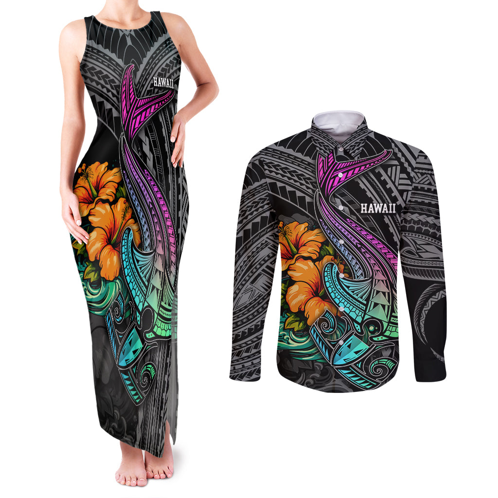 Hawaii Polynesian Couples Matching Tank Maxi Dress and Long Sleeve Button Shirt with Tribal Hammerhead Sharks and Hibiscus Black - Wonder Print Shop