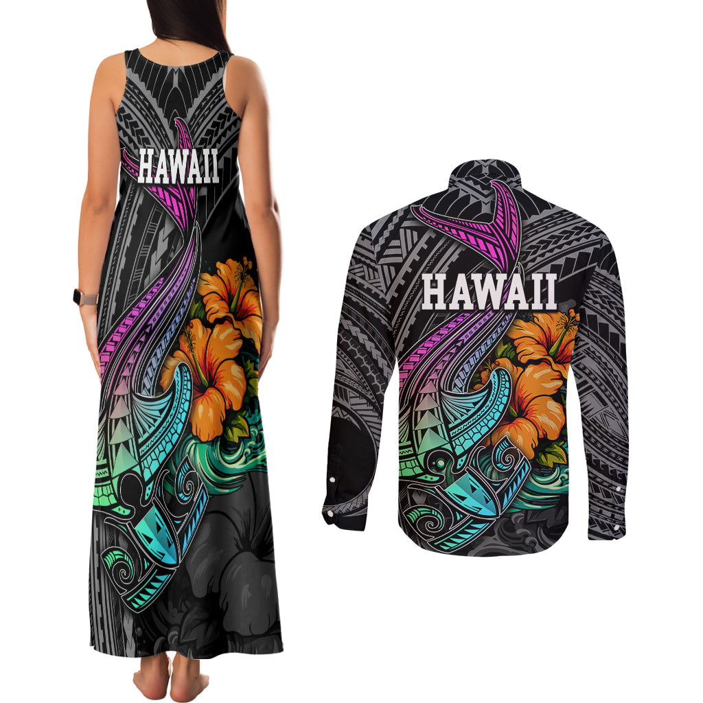 Hawaii Polynesian Couples Matching Tank Maxi Dress and Long Sleeve Button Shirt with Tribal Hammerhead Sharks and Hibiscus Black - Wonder Print Shop