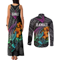 Hawaii Polynesian Couples Matching Tank Maxi Dress and Long Sleeve Button Shirt with Tribal Hammerhead Sharks and Hibiscus Black - Wonder Print Shop