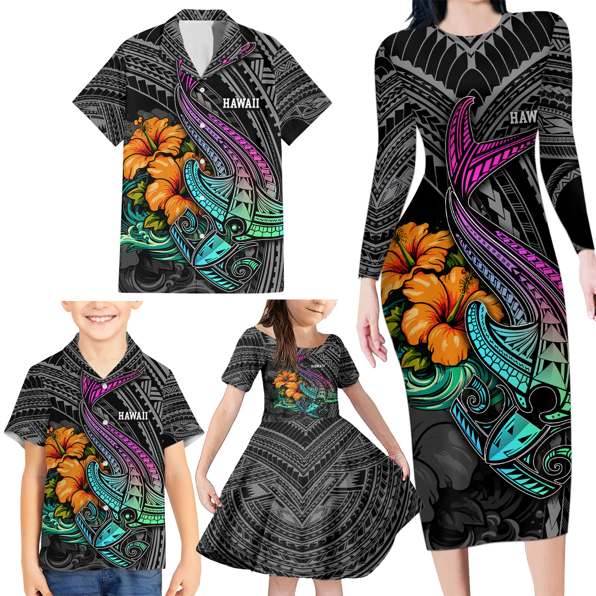 Hawaii Polynesian Family Matching Long Sleeve Bodycon Dress and Hawaiian Shirt with Tribal Hammerhead Sharks and Hibiscus Black - Wonder Print Shop