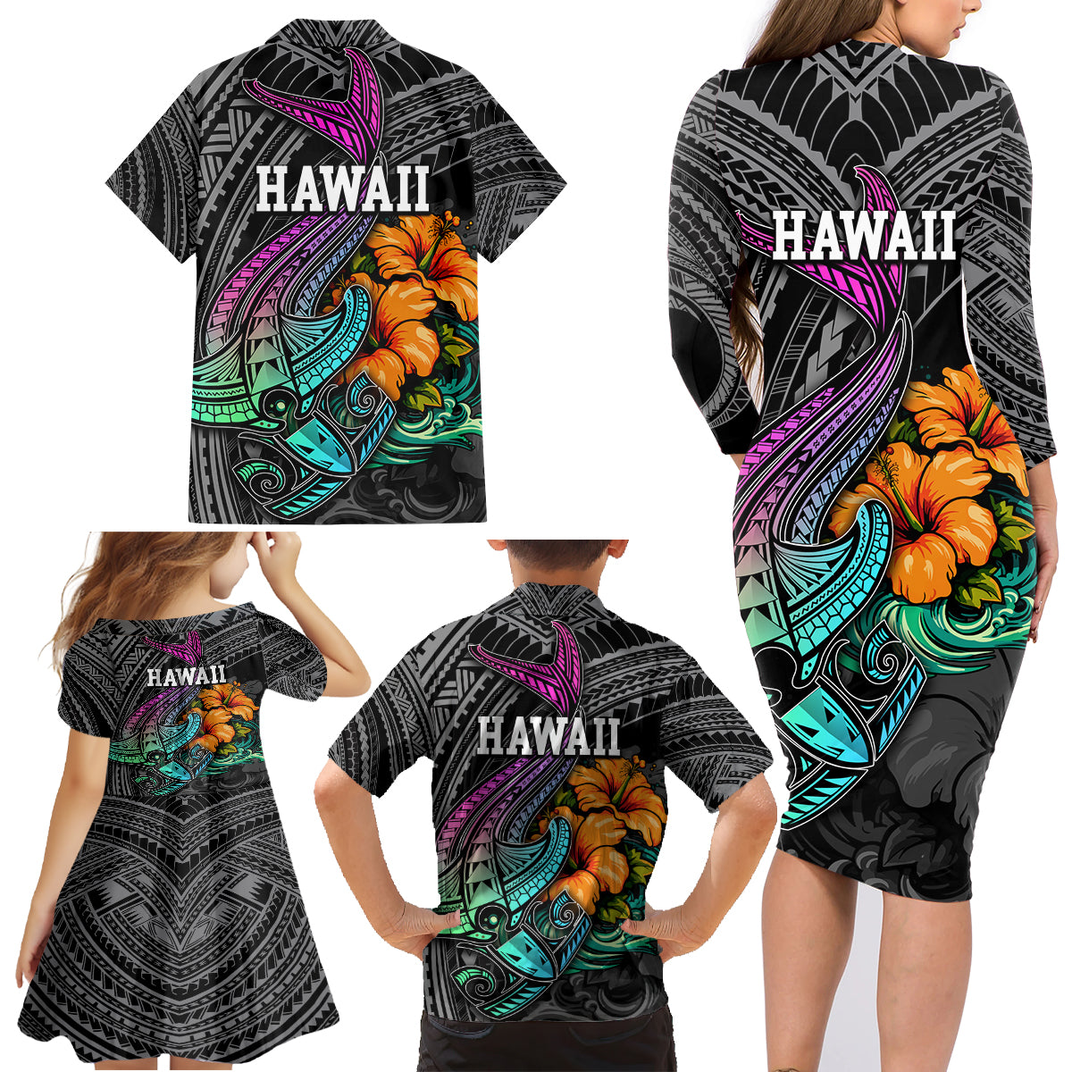 Hawaii Polynesian Family Matching Long Sleeve Bodycon Dress and Hawaiian Shirt with Tribal Hammerhead Sharks and Hibiscus Black - Wonder Print Shop