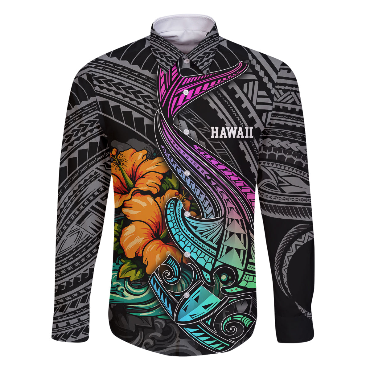 Hawaii Polynesian Family Matching Long Sleeve Bodycon Dress and Hawaiian Shirt with Tribal Hammerhead Sharks and Hibiscus Black - Wonder Print Shop