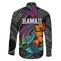 Hawaii Polynesian Family Matching Long Sleeve Bodycon Dress and Hawaiian Shirt with Tribal Hammerhead Sharks and Hibiscus Black - Wonder Print Shop