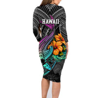 Hawaii Polynesian Family Matching Long Sleeve Bodycon Dress and Hawaiian Shirt with Tribal Hammerhead Sharks and Hibiscus Black - Wonder Print Shop