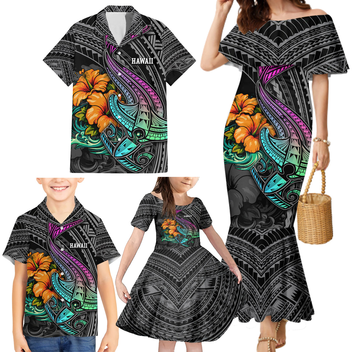 Hawaii Polynesian Family Matching Mermaid Dress and Hawaiian Shirt with Tribal Hammerhead Sharks and Hibiscus Black - Wonder Print Shop