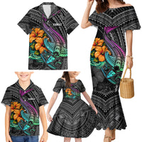 Hawaii Polynesian Family Matching Mermaid Dress and Hawaiian Shirt with Tribal Hammerhead Sharks and Hibiscus Black - Wonder Print Shop