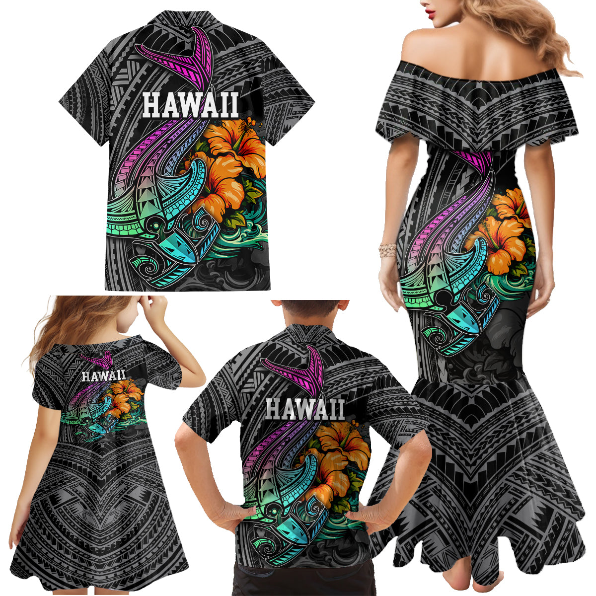Hawaii Polynesian Family Matching Mermaid Dress and Hawaiian Shirt with Tribal Hammerhead Sharks and Hibiscus Black - Wonder Print Shop