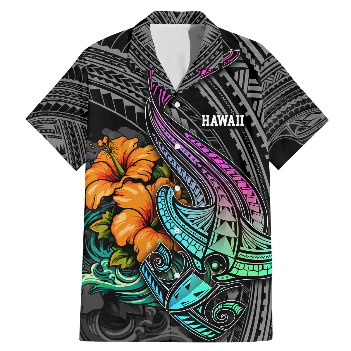 Hawaii Polynesian Family Matching Mermaid Dress and Hawaiian Shirt with Tribal Hammerhead Sharks and Hibiscus Black - Wonder Print Shop