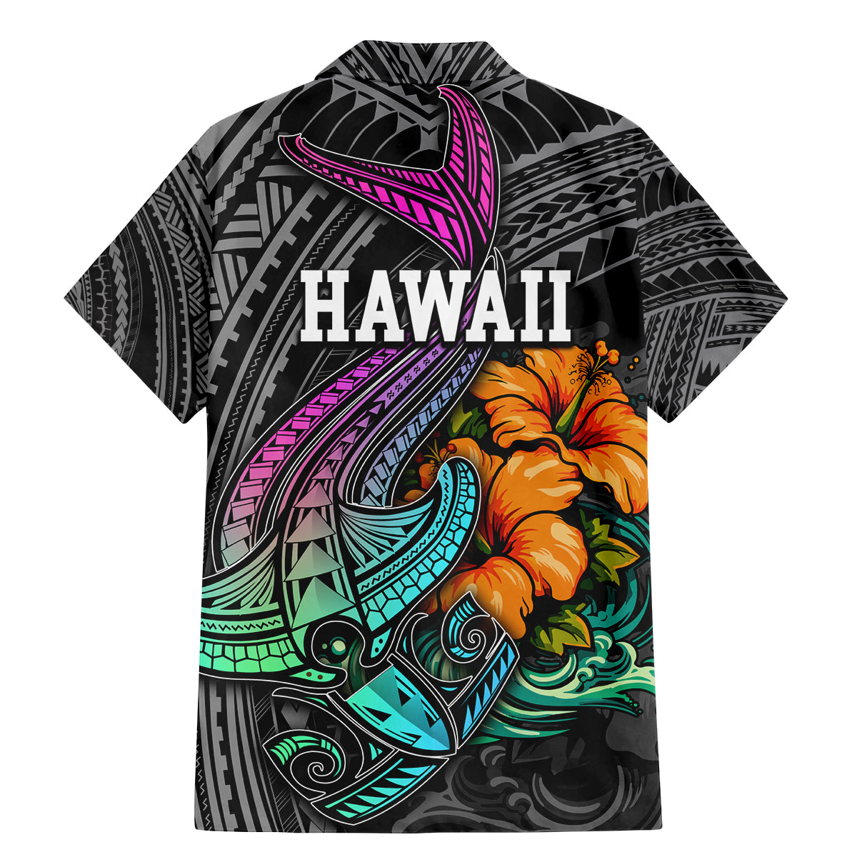 Hawaii Polynesian Family Matching Mermaid Dress and Hawaiian Shirt with Tribal Hammerhead Sharks and Hibiscus Black - Wonder Print Shop