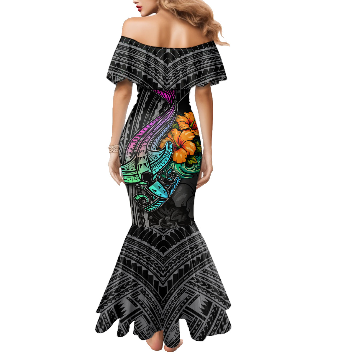 Hawaii Polynesian Family Matching Mermaid Dress and Hawaiian Shirt with Tribal Hammerhead Sharks and Hibiscus Black - Wonder Print Shop