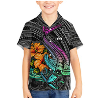 Hawaii Polynesian Family Matching Mermaid Dress and Hawaiian Shirt with Tribal Hammerhead Sharks and Hibiscus Black - Wonder Print Shop