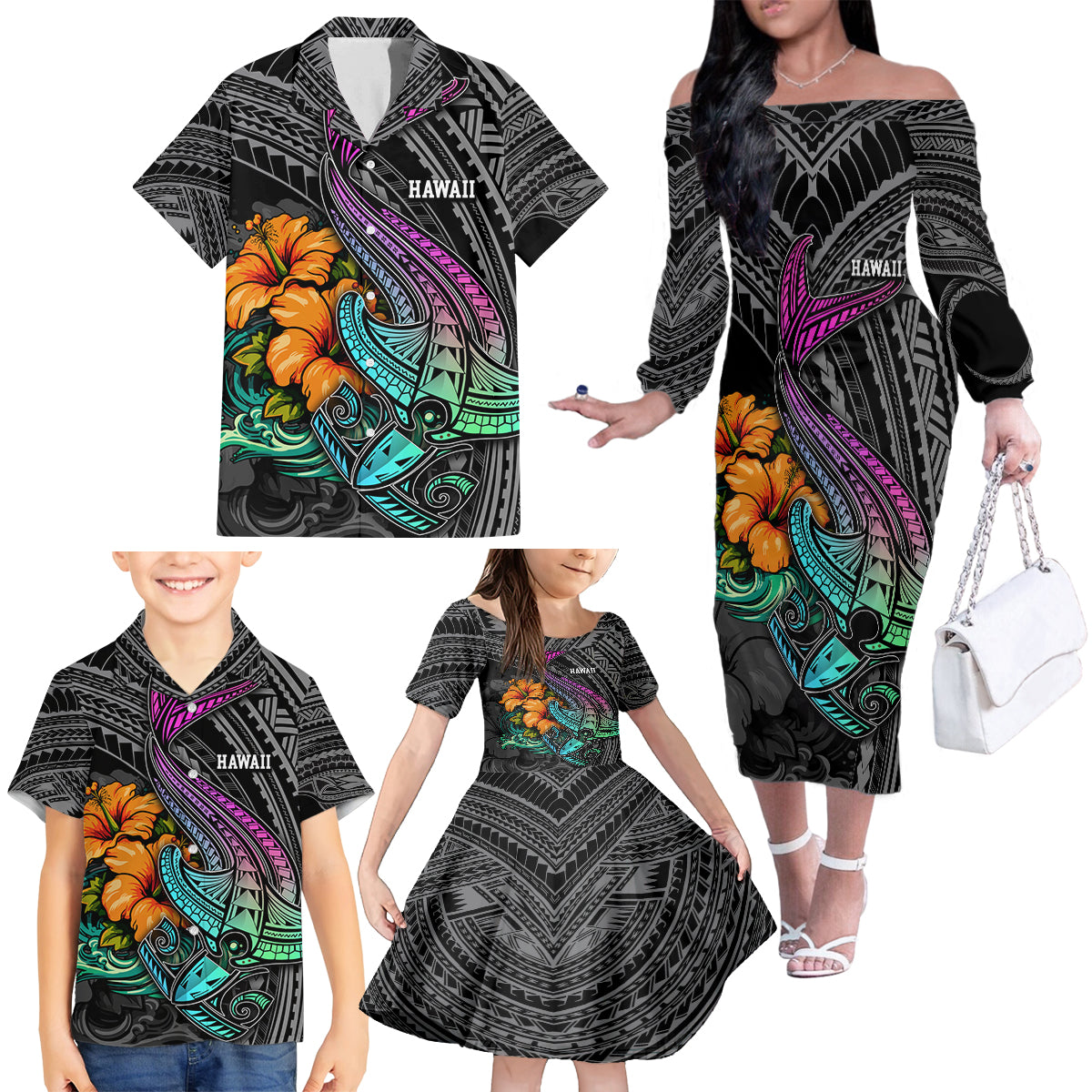 Hawaii Polynesian Family Matching Off Shoulder Long Sleeve Dress and Hawaiian Shirt with Tribal Hammerhead Sharks and Hibiscus Black - Wonder Print Shop