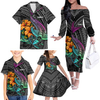 Hawaii Polynesian Family Matching Off Shoulder Long Sleeve Dress and Hawaiian Shirt with Tribal Hammerhead Sharks and Hibiscus Black - Wonder Print Shop