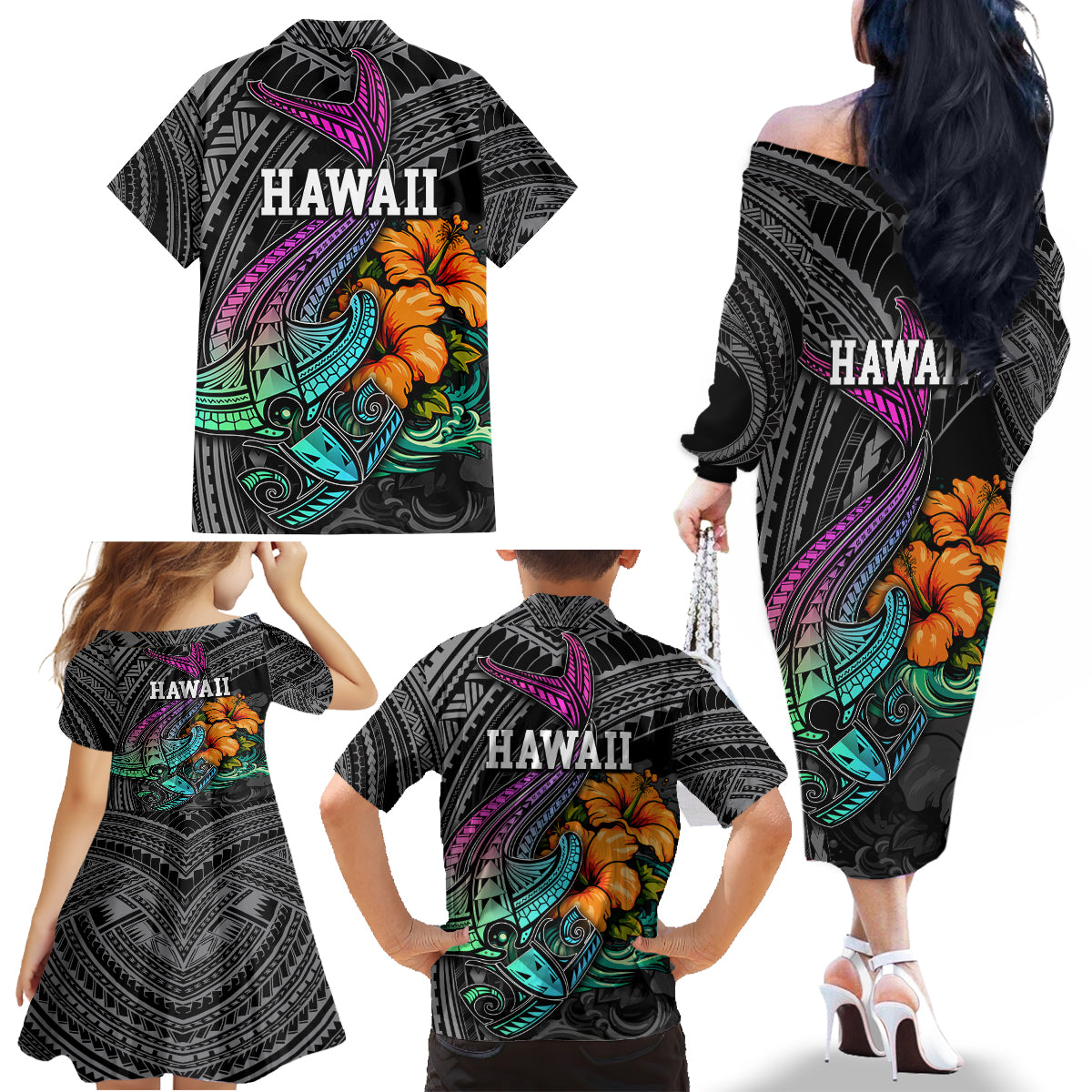 Hawaii Polynesian Family Matching Off Shoulder Long Sleeve Dress and Hawaiian Shirt with Tribal Hammerhead Sharks and Hibiscus Black - Wonder Print Shop