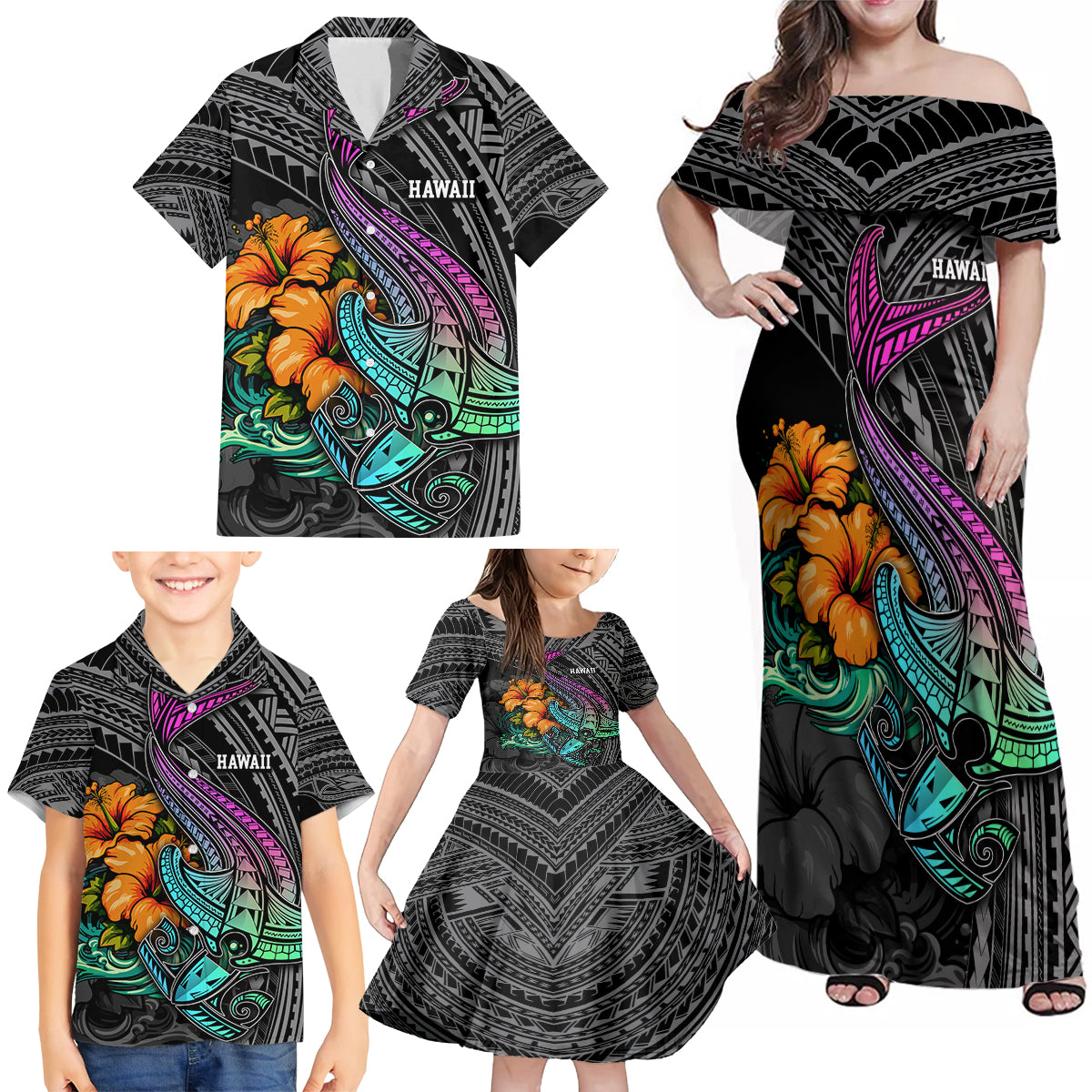 Hawaii Polynesian Family Matching Off Shoulder Maxi Dress and Hawaiian Shirt with Tribal Hammerhead Sharks and Hibiscus Black - Wonder Print Shop