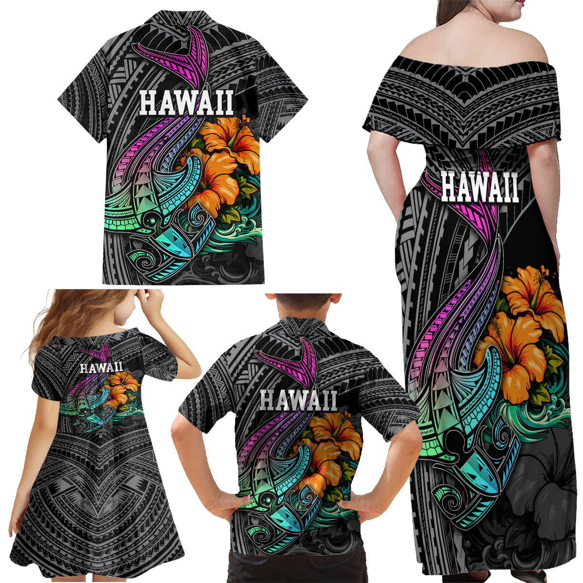 Hawaii Polynesian Family Matching Off Shoulder Maxi Dress and Hawaiian Shirt with Tribal Hammerhead Sharks and Hibiscus Black - Wonder Print Shop