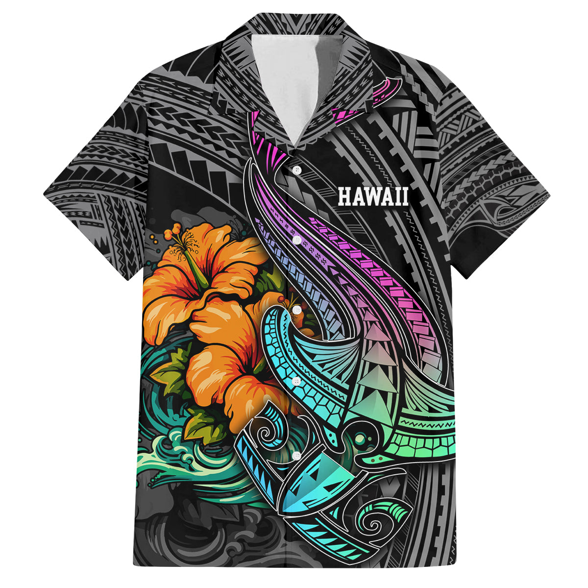 Hawaii Polynesian Family Matching Off Shoulder Maxi Dress and Hawaiian Shirt with Tribal Hammerhead Sharks and Hibiscus Black - Wonder Print Shop